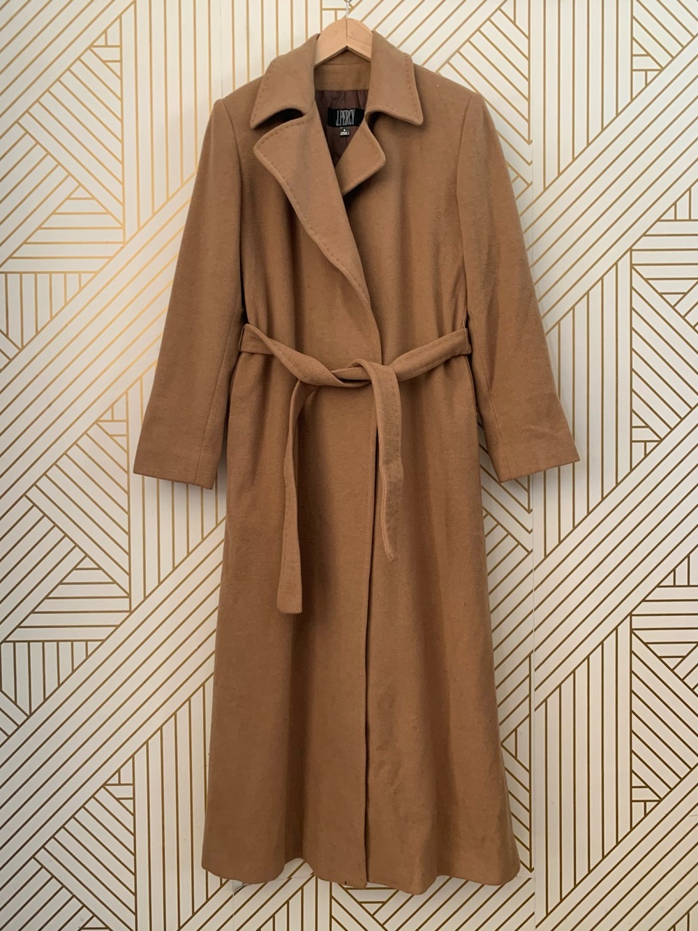Vintage Wool Cashmere Long Trench Coat Tie Waist Brown belt minimalist VTG 4 tan